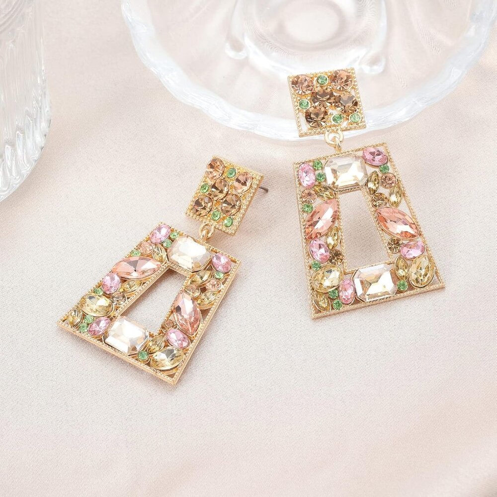 Rhinestone Rectangle Statement Earrings Colorful … - image 6